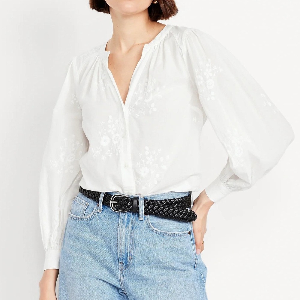 White Embroidered Button-Down Relaxed Summer Resort Blouse XL - Picture 9 of 9